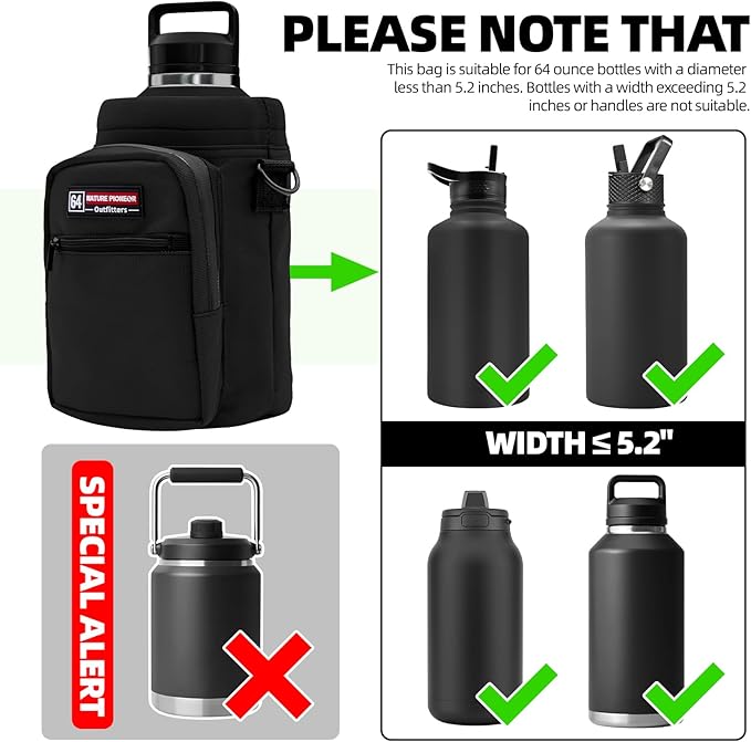 NATURE PIONEOR Water Bottle Holder with Adjustable Strap - Half/One Gallon (64/128oz) Insulated Water Bottle Sling Carrier with Phone Pocket & Paracord Handle, Outdoor Camping, Hiking, Gym