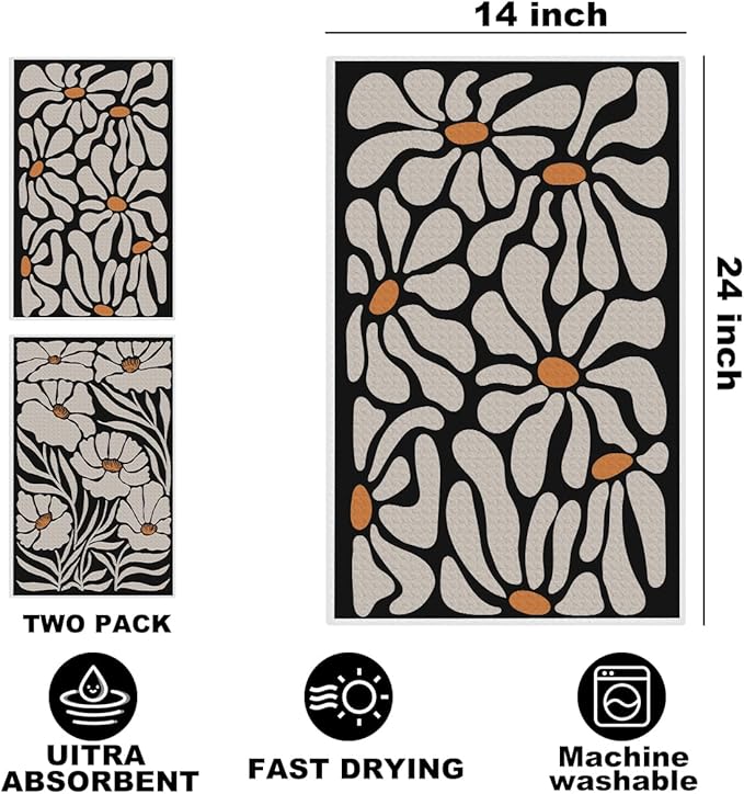 2Pcs Boho Floral Kitchen Towels 24x14 Inch, Abstract Botanical Decorative Hand Towels for Kitchen Home Bathroom, Absorbent Microfiber Dish Cloth Tea Towel, Home Gifts for Women Mom Grandma