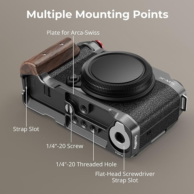SMALLRIG X-M5 Wooden Handgrip L-Shape Grip for FUJIFILM X-M5, Built-in Quick Release Plate for Arca, Ergonomic Wood Side Handle, Include Windshield with Cold Shoe Adapter,Plate for Arca (Black) - 5260