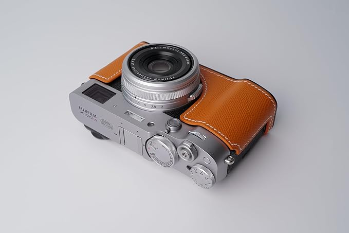 Genuine Leather Camera Half Case for Fujifilm X100VI - Top Layer Cowhide Body + Metal Base Plate - Hand Shank Free Design (Orange)