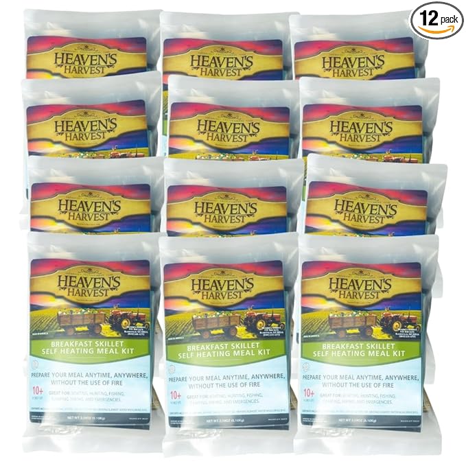 Heaven's Harvest Self-Heating Emergency Meal Kit (10 Year Shelf Life) — Tastier than MRE Meals & Ready-To-Eat in Minutes! Just add water to activate the “cooking” process. (Breakfast Skillet, 12-Pack)