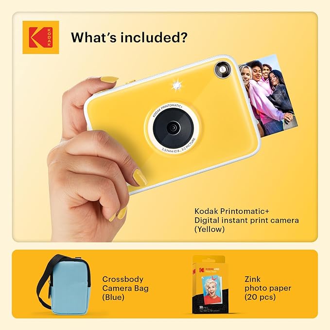 Kodak Printomatic+ Instant Print Digital Camera Starter Bundle + Carrying Case (Blue) + Zink 20pk Sticky-Back Photo Paper - 10MP, Full-Color Photos, GB LED Status Indicator - Yellow