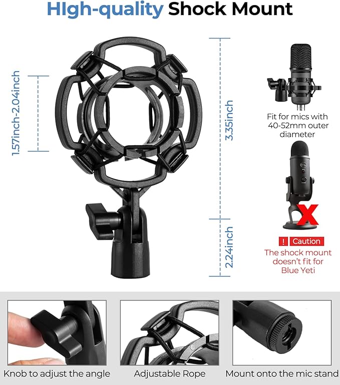 BILIONE Multifunctional Desktop Microphone Stand, Adjustable Mic Stand Desk with Pop Filter, Shock Mount, Microphone Clip, 5/8" to 3/8" Metal Screw Adapter