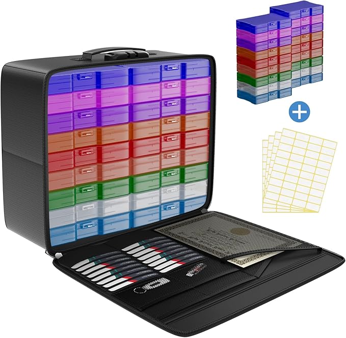 Tamfile Fireproof Photo Storage Box with 18 Inner 4" x 6" Multicolor Photo Case, Plastic Photo Organiser with Lock for Pictures, Cards, Crafts, Stamps and Office Supplies with 4 Sheet Label Stickers