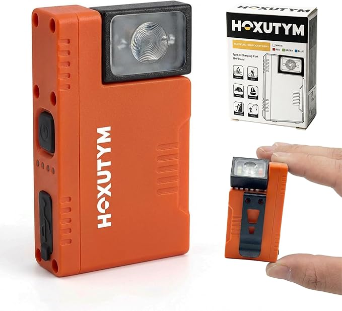 Clip-on LED Rechargeable Flashlights – 500lm EDC Mini Pocket Light, Hands-Free Magnetic Work Light with 180° Rotatable Clip & RGB Emergency Mode for Camping, Hiking, Repairs, Walkies, Orange