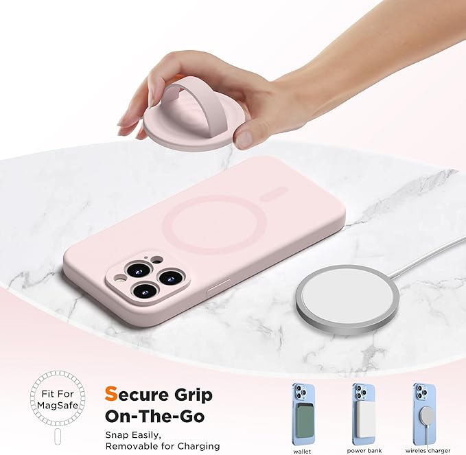Upgraded Magnetic Phone Grip, Liquid Silicone Soft and Portable, Removable Finger Loop Ring Grip Holder for iPhone, Strong Magnetic Attraction, Compatible with MagSafe Phone Case, Lovely Pink
