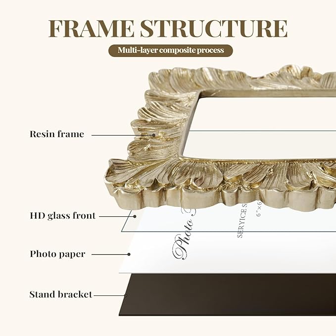 Cuspin 6x6 Picture Frame Gold Frames Square, Vintage Palm Leaves Textured Hand-Crafted Resin Frames with Glass Front, Retro Photo Frame for Wall Hanging and Tabletop Display Home Decor