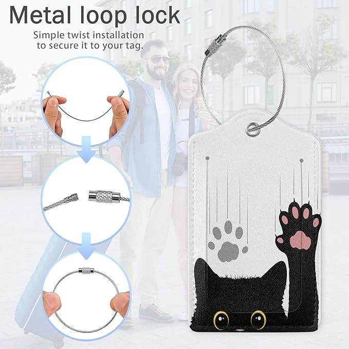 3 Pack Luggage Tags,Funny Black Cat Paw PU Leather Luggage Tags for Suitcase,Name ID Labels with Privacy Cover Suitcases and Metal Loop for Travel Bag Suitcase