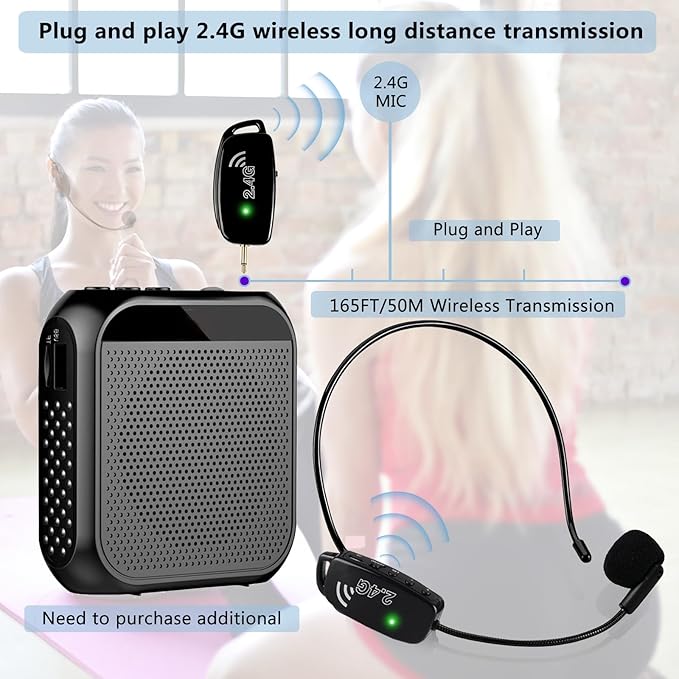 Wireless Microphone Headset Systems Cordless: 2.4G Wireless Professional Mics for 2 People - Head Mic and Handheld Mic 2 in 1 - for PA System,Voice Amplifier, Fitness Trainer, Teacher, Singer
