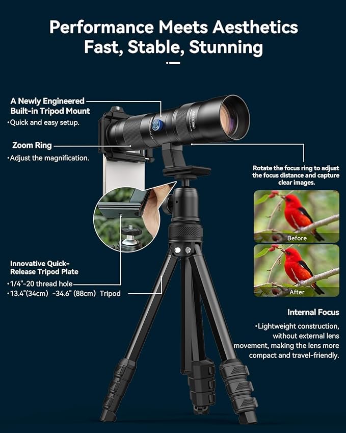 20-60X Zoom Telephoto Lens, Evil Eye High Power HD Telephoto Phone Lens with Tripod and Universal Phone Clip for iPhone 16/15/14/13 Series, Samsung, Android Phone and Most Smartphone