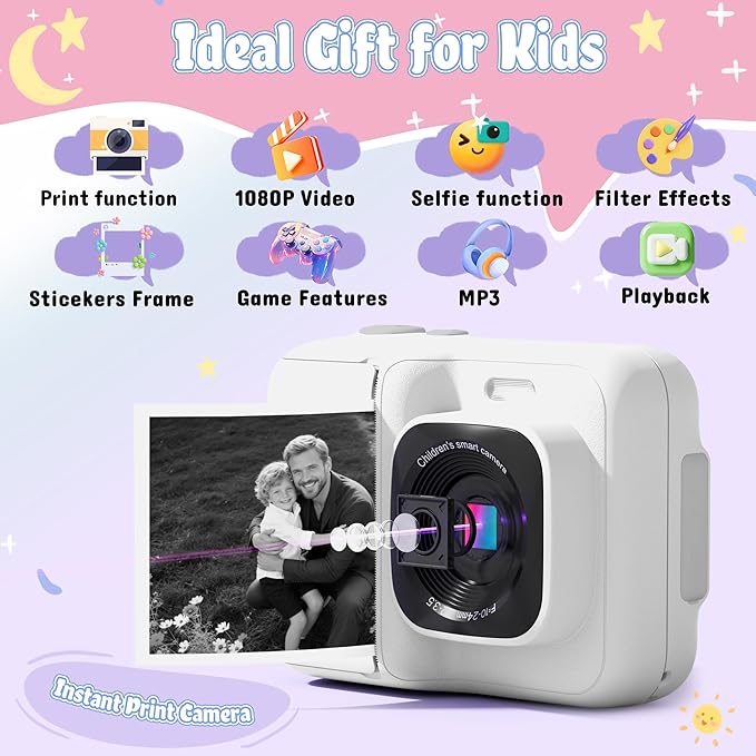 ETIKEZ Kids Camera, 1080P Instant Digital Print Camera for Kids, Christmas Birthday Gifts for 4 5 6 7 8 9 10 Year Old Girls Boys, Portable Toy with 32GB SD Card & 3 Rolls Printing Paper, White