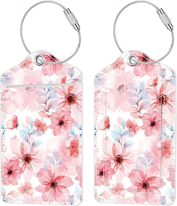 (Set of 2) Luggage Tag Leather Privacy Cover ID Label Address Card with Stainless Steel Loop, Travel Bag Tags Suitcase Labels, Misty Pink