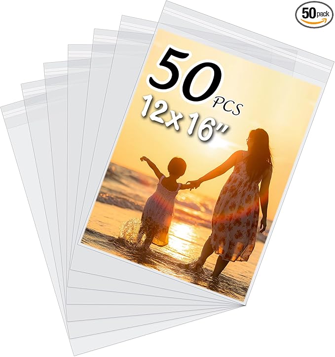 50 Pack Acid-Free Crystal Clear Sleeves Storage Bags for 12x16 Art Prints/Pictures/Photos/Framing Mat Mattes (Bag Size: 12 2/5" x16 1/2")