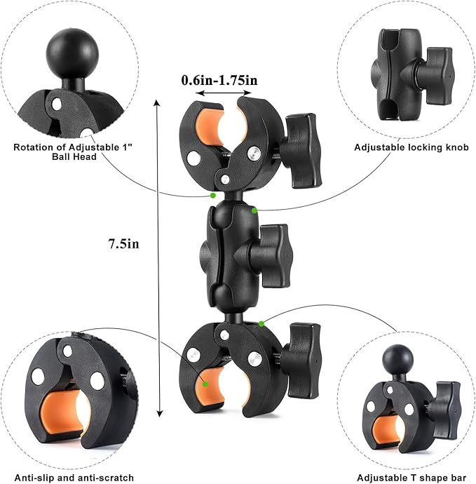 Super Double Clamp Camera Mount Chair Umbrella Clamp, with 360° Magic Arm Double Ball Head Adapter for Umbrella, Pole, Strollers, Motorcycle, Photo Studio Light Stand, Photo Boom Stand