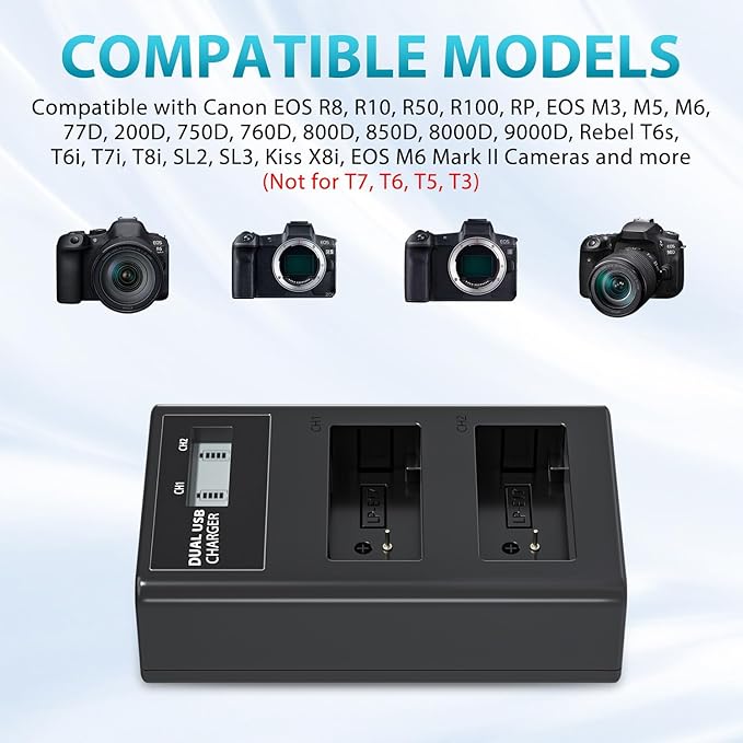 LP LP-E17 Battery Charger, LCD Display & USB-C Dual Slot Charger Compatible with Canon EOS Rebel T7i, T6i, T6s, SL3, SL2, 77D, 9000D, 8000D, 800D, 760D, 750D, 200D, M6, M5, M3, Kiss X8i DSLR Cameras