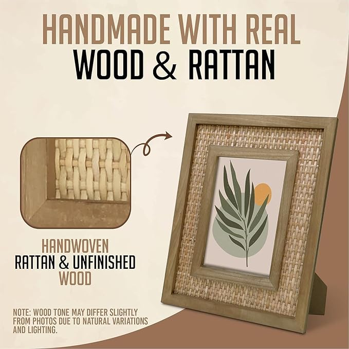 Handwoven Rattan & Solid Wood Picture Frame for 5x7 Photo or Artwork - Rustic Picture Frames, Wicker Wall Decor, Coastal, Beach, or Tropical Style, All Natural Wood & Seagrass - Brown