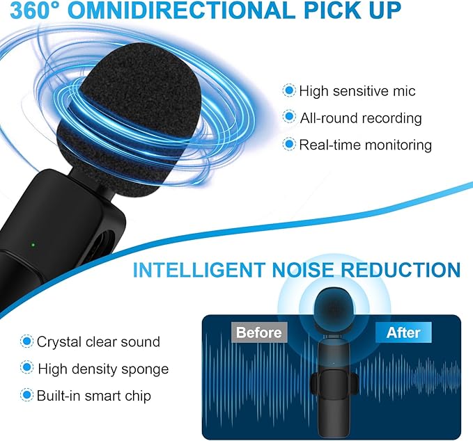 USB C Wireless Lavalier Microphone for iPhone 17 16 Pro Max 16e 15,Samsung Galaxy S25 A16 S24 Ultra,Noise Reduction Mini Lapel Mic Clip on,Lav Mic on Video Recording,Tiktok,Youtube,Vlog,Live Streaming