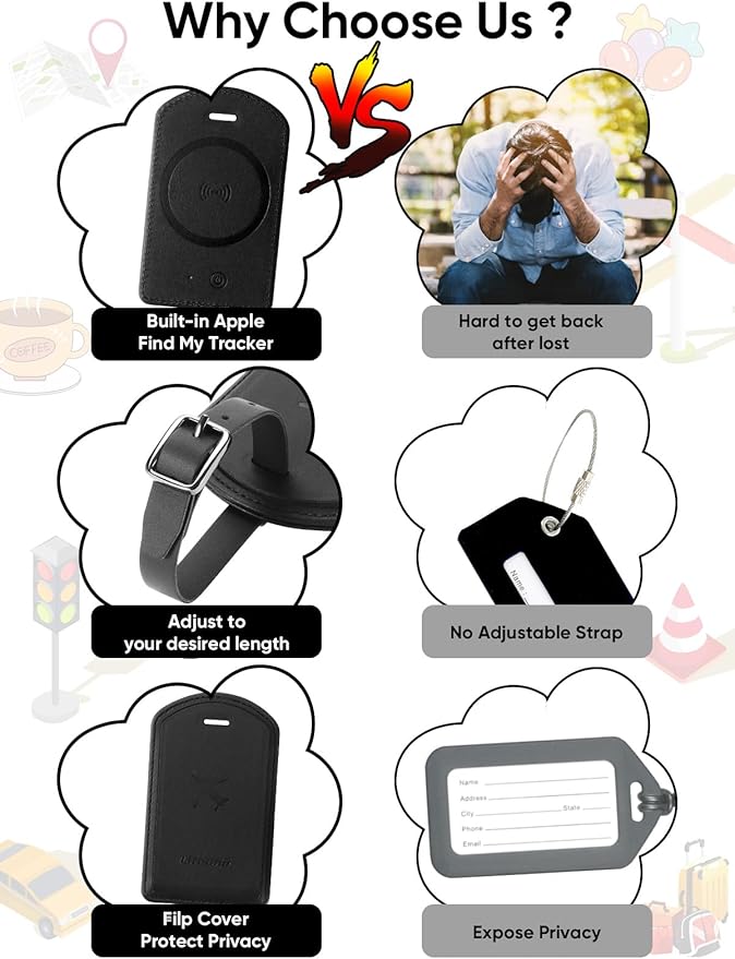 Luggage Tags Built-in Anti-Loss Tracker, Luxury Leather Luggage Tags for Suitcase, Travel Bags, Backpacks, Travel Organizer for Lost Baggage Prevention (Black*1 Pack)