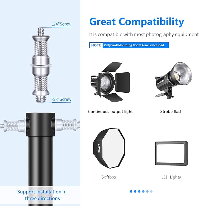 Neewer Wall Mounting Triangle Boom Arm for Ring Light, Monolight, Softbox, Reflector, Umbrella, and Photography Strobe Light, Support 180 Degree Rotation, Max Length 4.3 feet/130cm (Black)