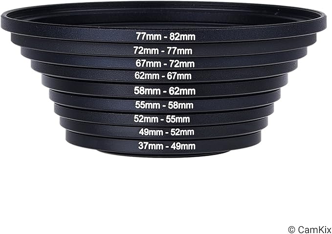 Step Up Lens Filter Adapter Rings - Set of 9 - Allows You to Fit Larger Size Lens Filters on a Lens with a Smaller Diameter - Sizes: 37-49, 49-52, 52-55, 55-58, 58-62, 62-67, 67-72, 72-77, 77-82 mm