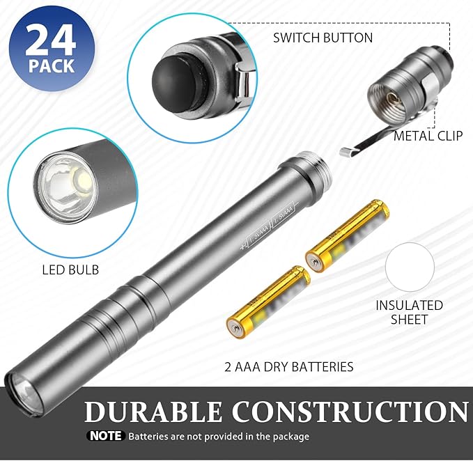 24 Pack Christmas Mini Pen Flashlights Bulk Gifts LED Pen Lights Aluminum Pocket Flashlights with Clips Small Handheld Torches for Men Camping Hiking Emergency Outdoor (Silver Gray)
