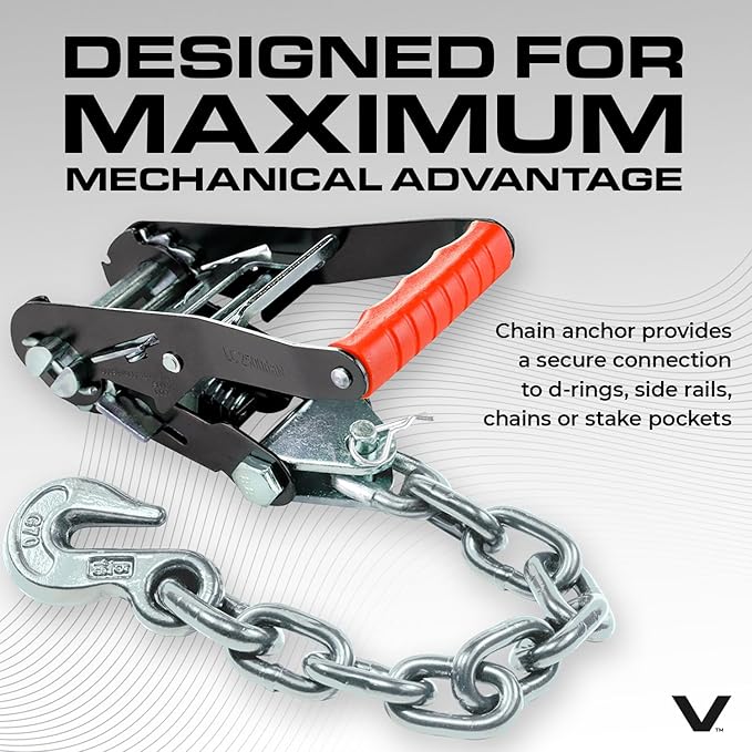 VULCAN Car Tie Down with Chain Anchors - Lasso Style - 2 Inch x 96 Inch - 4 Pack - Silver Series - 3,300 Pound Safe Working Load