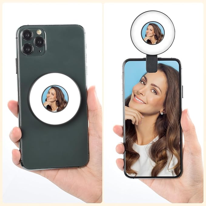 UTEBIT Phone Ring Light Rechargeable Small Magnetic Ring Light of Pocket-Size, 18 LEDs 4 Brightness Levels Portable Phone Clip on Light for Laptop & Makeup, Portable Selfie Light, White&Black