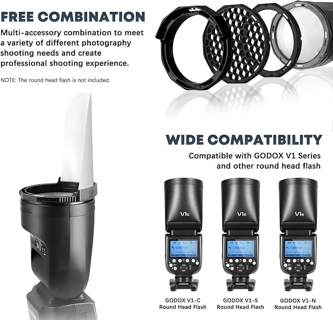 TOAZOE TR-09 Magnetic Flash Accessories Kit for Godox V1/V100/AD100/AD200 Round Head Speedlite Flashes, Flash Diffuser Kit Includes Dome Diffuser, Diffuser Panel, Barndoor, Honeycomb Grid