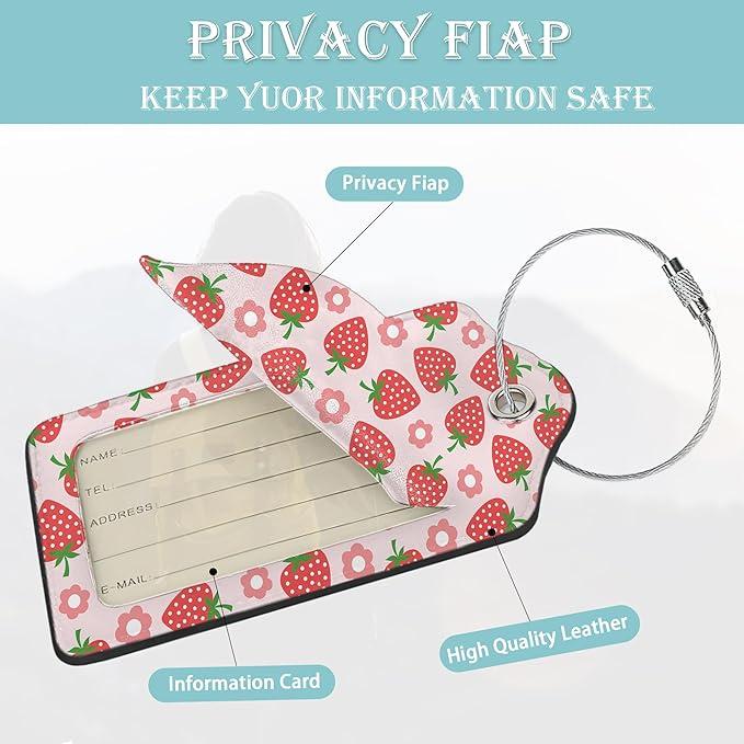 Strawberry Luggage Tags for Suitcase 2 Pack,Vintage Groovy Flowers Luggage Tag PU Leather Privacy Cover ID Label with Stainless Steel Loop for Women Men Teens Travel