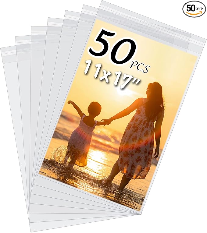50 Pack Acid-Free Crystal Clear Sleeves Storage Bags for 11x17 Art Prints/Pictures/Photos/Framing Mat Mattes (Bag Size: 11 3/7" x17 1/2")