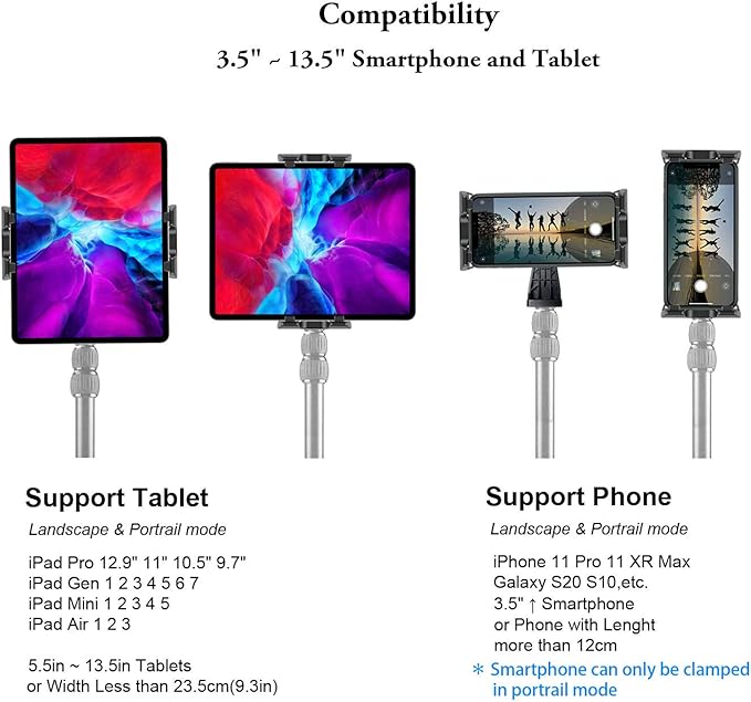 IPad Tripod Mount Adapter 360 Degree Rotatable Universal Tablet Clamp Holder for iPad Pro 12.9 11 10.5, iPad Air Mini, Surface Tab, Galaxy Tab and 3.5 to 13.5in Phone Tablet, for Tripod, Monopod