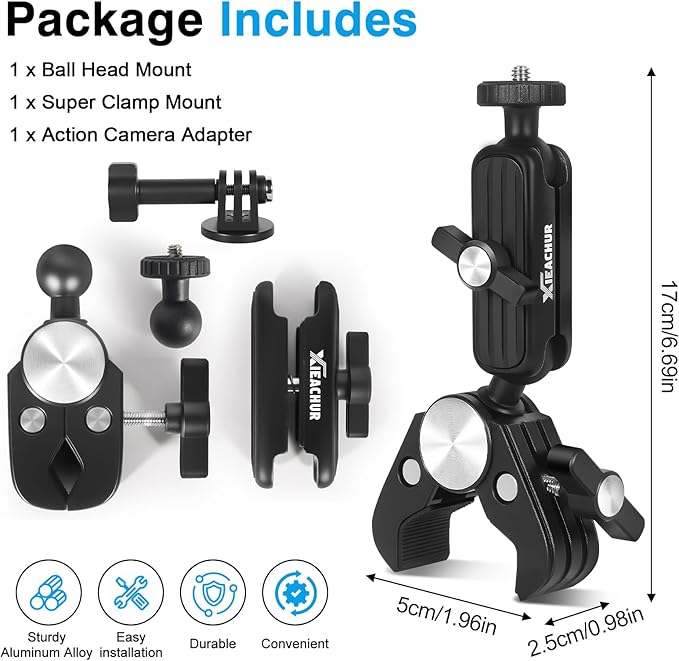 Super Clamp Camera Mount Double Ball Head Magic Arm with 1/4 Inch Threads Universal Mount for Monitor Light Action Camera Compatible with DSLR Tripod Desk Fence