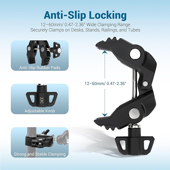 Universal Super Clamp Camera Mount, Adjustable Metal Heavy Duty Clamp with 1/4"-20 & 3/8"-16 Threads, 0.47-2.36'' Jaw Grip Desk Clamps for Magic Arm Light Stand Tube Bike Handlebar Stroller Tripod