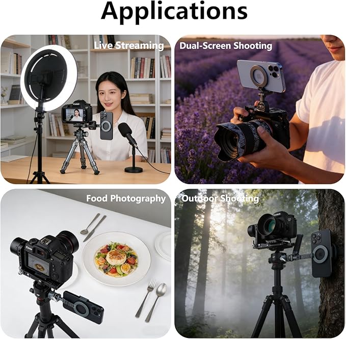 Magnetic MagSafe Tripod Mount Adapter Aluminum Phone Mount with 1/4” Screw & Cold Shoe Compatibility for iPhone 16/15/14/13 Series, DSLR Cameras, DJI Ronin, Canon/Nikon Photography Accessories