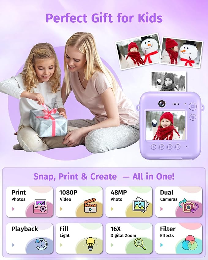 Instant Camera, Dual-Lens Kids Camera Instant Print for Boys Girls Christmas Birthday Gifts, 1080P Digital Cameras for Kids Teens with Print Paper, 32GB Card, Toddle Toy for Age 4-12 Years(Purple)