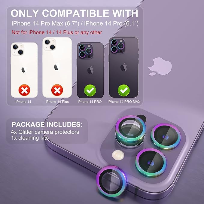 Choiche Compatible for iPhone 14 Pro/iPhone 14 Pro Max Camera Lens Protector, 9H Tempered Glass Camera Cover Screen Protector Metal Ring Decoration Accessories (Colorful)