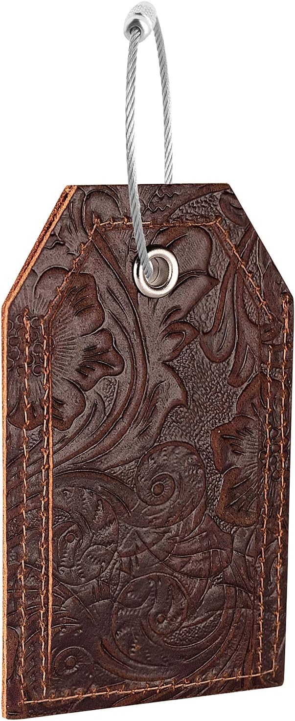 Genuine Leather Set of 2 Luggage Tag with Full Back Privacy Name ID Card Stainless Steel Loop Suitcase Labels Identifiers Baggage Tags Luggage for Women Men Travel (Yellow Brown Flower)