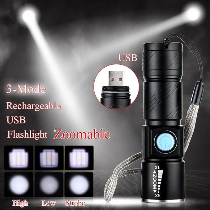 WREOW Mini USB Rechargeable Flashlight LED Flashlights 3 Light Modes and Zoomable, IP65 Water-Resistant Super Bright Pocket Torch Light for Camping, Hiking, Emergency, EDC (2 Pack)