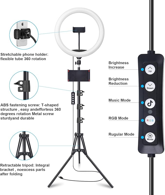 12" Selfie Ring Light with 75" Tripod Stand & 2 Phone Holder, LED Camera Ringlight with 48 RGB Colors Modes & Musical Rhythm Mode and 12 Brightness Dimmable for TikTok/Makeup/Photography/Vlog
