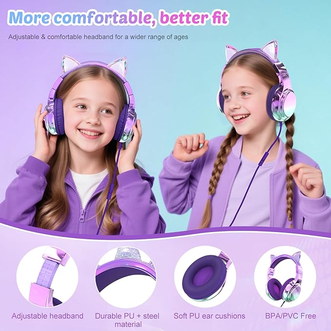 QearFun Kids Cat Ear Headphones with USB C for Girls with Microphone, 85/94dB Safe Volume Limiter, Tangle-Free Cord, Share Port, Foldable Sparkly Wired Headset for School, Travel, Tablet, iPad