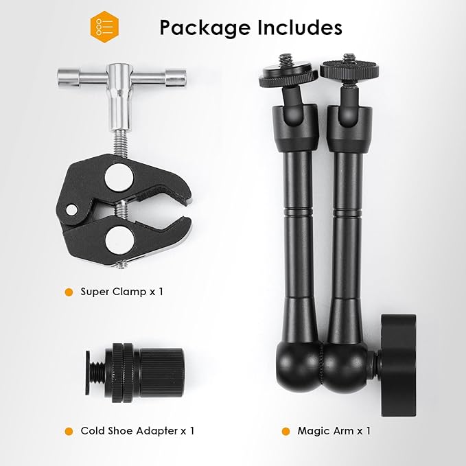 TARION Magic Arm with Super Clamp - 11in/28cm Adjustable Articulating Friction Camera Mount & Clamp with 1/4"" and 3/8"" Thread for LCD Monitor LED Light Flash Light Phone Action Cam, Black