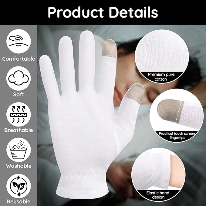 Segbeauty 24 Count White Cotton Gloves with Touchscreen Fingertips, 12 Pairs Moisturing White Gloves with Elastic Band for Dry Hands, Soft Thick Cotton Sleeping Gloves Overnight for Men & Women Large
