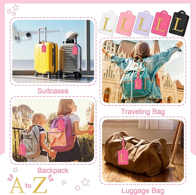 Personalized Initial Luggage Tags for Suitcases, Cute PU Leather Embroidered Letter Travel Luggage Tags, Suitcase Identifier Name Baggage Tag, Bag Tags for Men Women Kids Luggage Handbags(Rosered L)