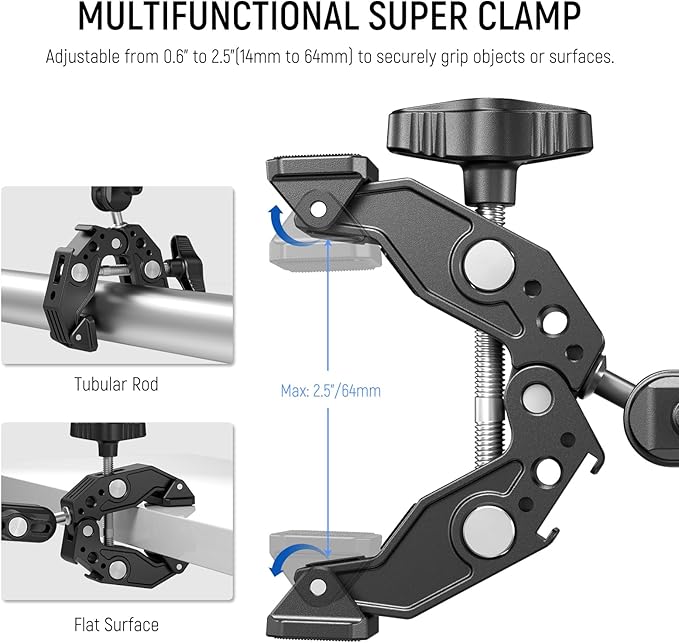 Neewer Double Super Clamp Camera Mount with Magic Arm, Cold Shoes for Desk Studio Light Stand Holder Photography Reflector, Flag, Cross Bars, Motorcycle, Umbrella, Pole Stick Shoot Accessories Tools