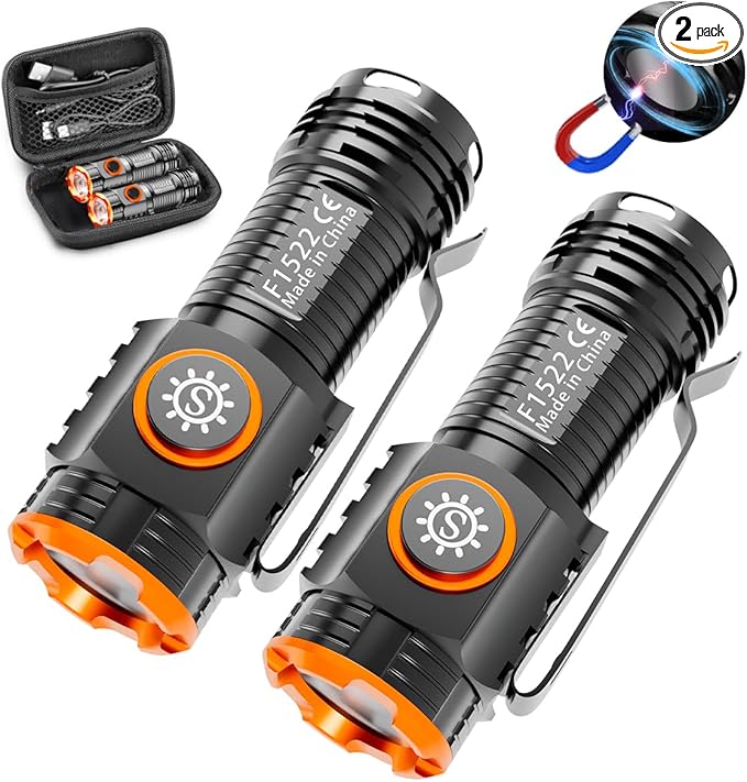 2 Pack EDC Flashlight, Led Rechargeable Mini Pocket Light with Clip, High Lumens Ultra Bright Compact Flashlights with Magnetic for Camping Hiking Outdoor Emergency Use Waterproof
