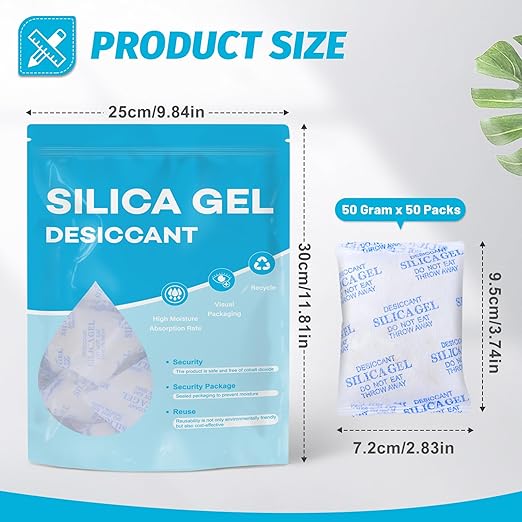 VOISEN 50 Gram 50 Pcs Color-Indicating Silica Gel Packets, Premium Food Grade Desiccant, Transparent Desiccant, Desiccant Packets for Storage, Premium Desiccant Packs for Food, Electronics, Closet