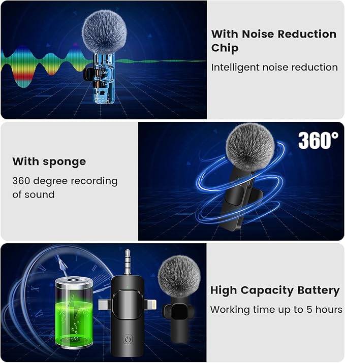 4 in 1 Wireless Lavalier Microphone for iPhone/USB C Android/Camera/Laptop PC,Mini Microphone 2.4G Ultra-Low Delay with Noise Reduction Cordless Lapel Mics for Video Recording, Vlog, YouTube, TikTok
