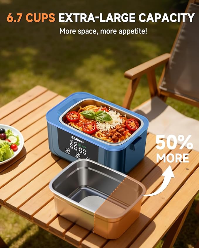 GEARGO 𝟐𝟎𝟐𝟔 𝐔𝐩𝐠𝐫𝐚𝐝𝐞𝐝 Cordless Electric Lunch Box, 1.6L & 24000mAh Rechargeable Heated Lunch Box with Ice Crystal Box, 24 Hours Scheduled Self Heating Lunchbox For Work Men Women(Blue)