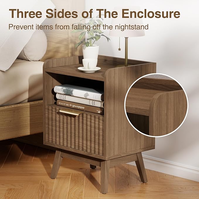 Modern Fluted Nightstand with Drawer and Open Storage Shelf, Bedside Table with Raised Edge, Boho Night Stand with Solid Wood Legs & Metal Handle, End Table for Bedroom Walnut