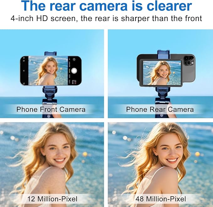 4" Vlog Selfie Monitor Screen for iPhone - Magnetic Back Camera Monitor with 4K HD, Wireless Remote, WiFi Live View & Built-in Speaker, Camera Buttons, 180° Rotation for Short Video/Live